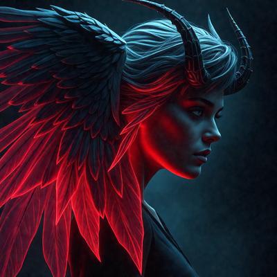 The primary subject of the image is a woman with a demonic appearance, featuring horns and a red glow. She is wearing a black dress and has a red glow around her. The setting is a dark room, and the visual style is a digital art or illustration. The colors and mood of the image are predominantly dark and mysterious, with the red glow adding a touch of danger and intensity.